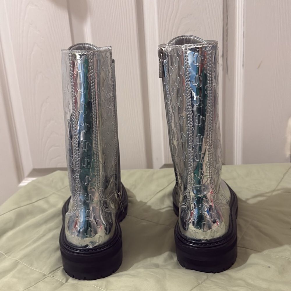 Jimmy Choo Cora Silver Monogram Leather Boot Women's 36/6 - Picture 4 of 7